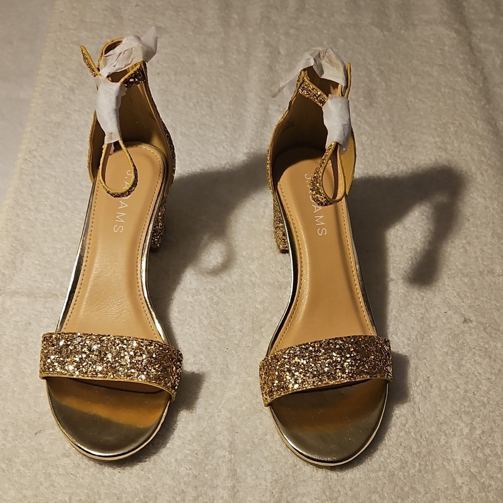 J. Adams Gold Glitter Block Heel Sandals Buckle Women's Size 6.5